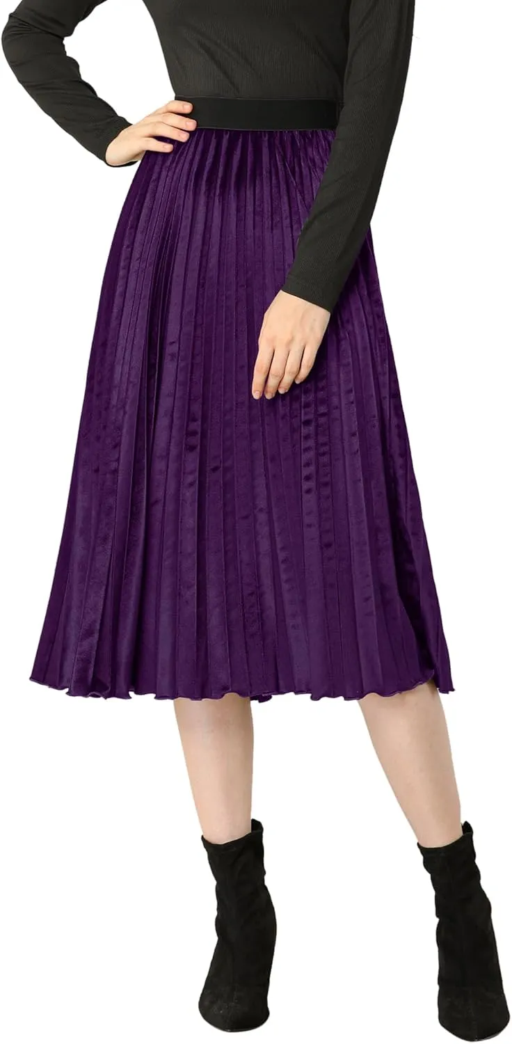 Allegra K Women's Fall Winter Elastic High Waist Flowy Swing Party Christmas Velvet Pleated Midi Skirt