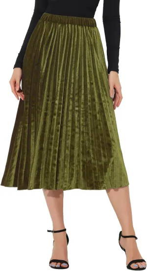 Allegra K Women's Fall Winter Elastic High Waist Flowy Swing Party Christmas Velvet Pleated Midi Skirt