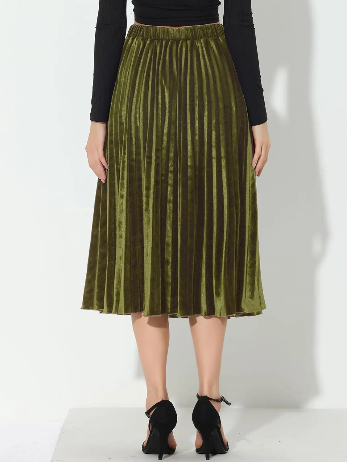 Allegra K Women's Fall Winter Elastic High Waist Flowy Swing Party Christmas Velvet Pleated Midi Skirt