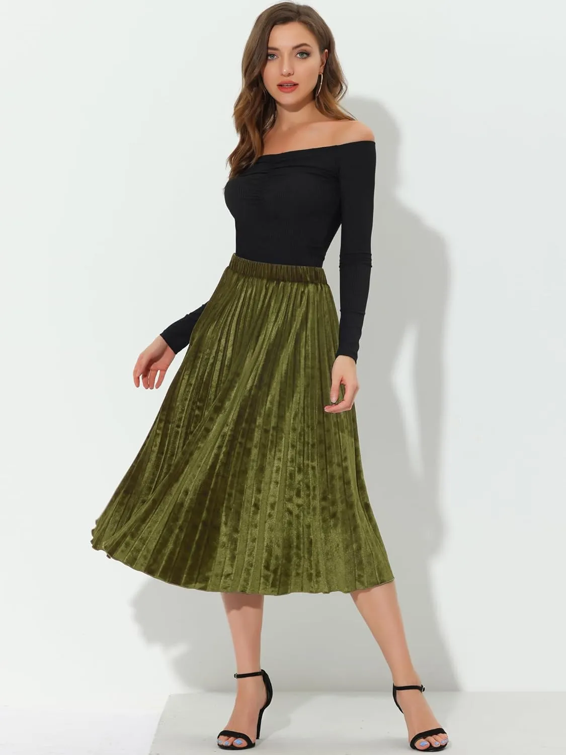 Allegra K Women's Fall Winter Elastic High Waist Flowy Swing Party Christmas Velvet Pleated Midi Skirt