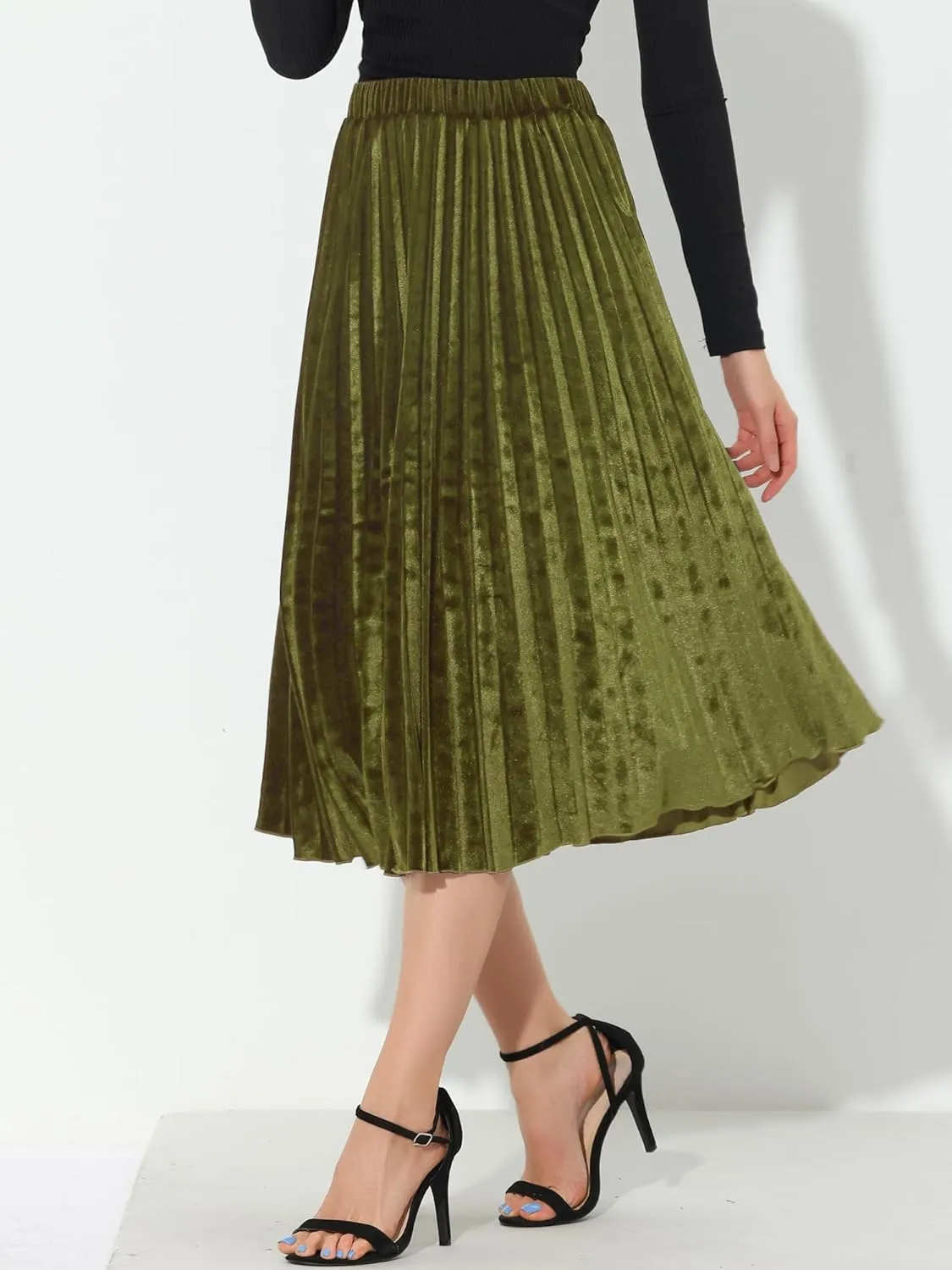 Allegra K Women's Fall Winter Elastic High Waist Flowy Swing Party Christmas Velvet Pleated Midi Skirt