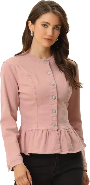 Allegra K Women's Peplum Denim Jackets Collarless Round Neck Button Down Cropped Ruffle Hem Jacket