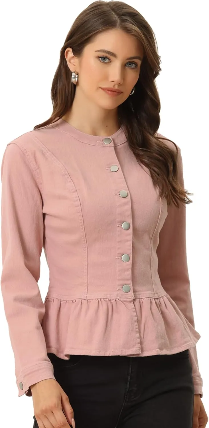 Allegra K Women's Peplum Denim Jackets Collarless Round Neck Button Down Cropped Ruffle Hem Jacket
