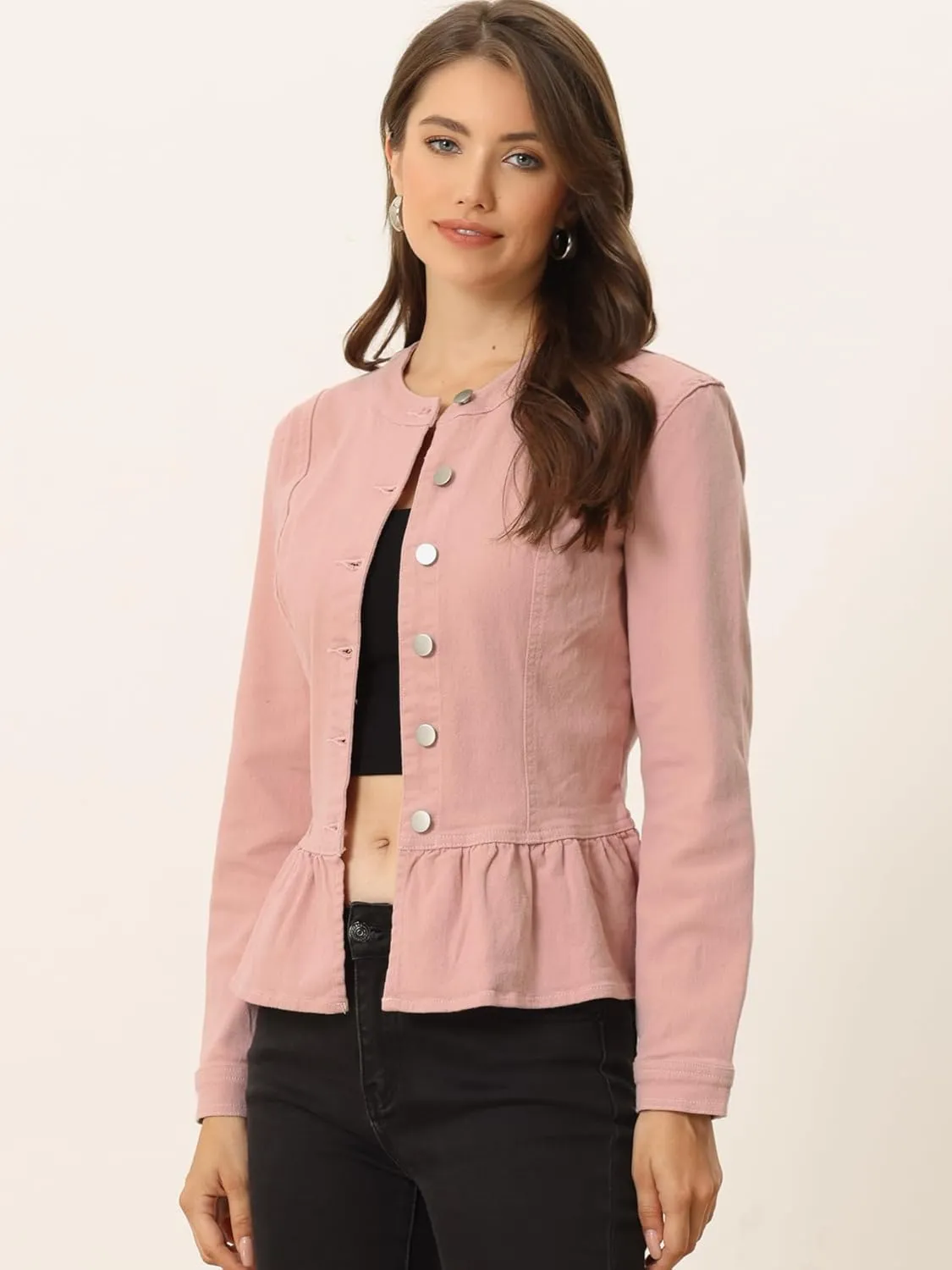 Allegra K Women's Peplum Denim Jackets Collarless Round Neck Button Down Cropped Ruffle Hem Jacket