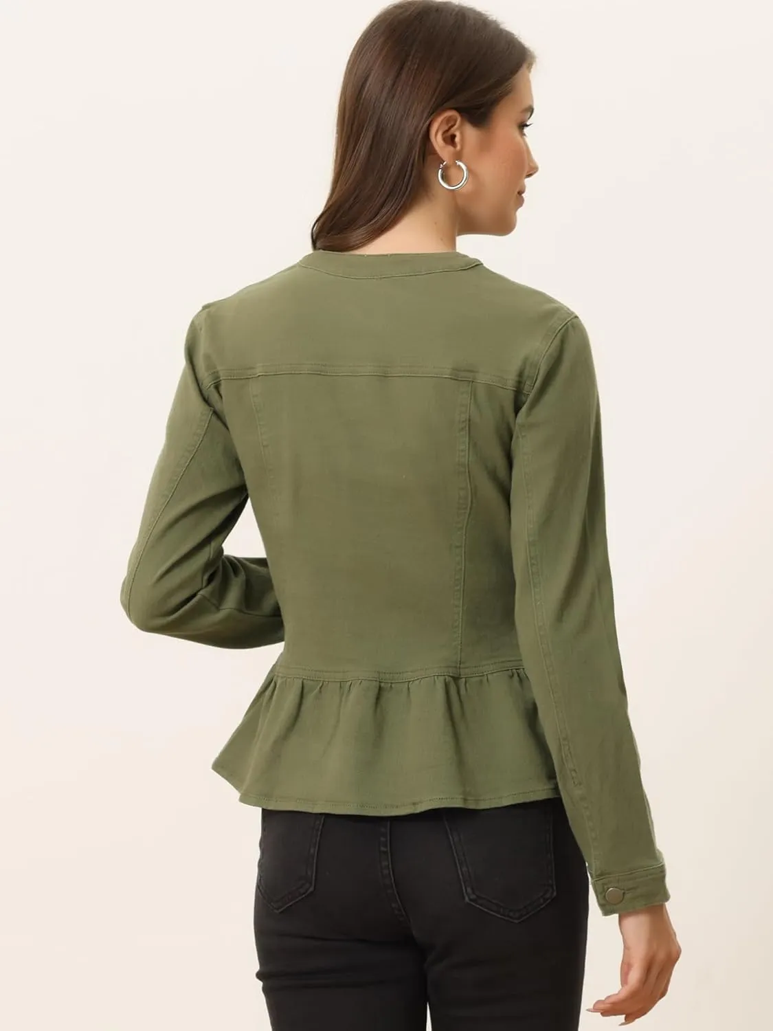 Allegra K Women's Peplum Denim Jackets Collarless Round Neck Button Down Cropped Ruffle Hem Jacket