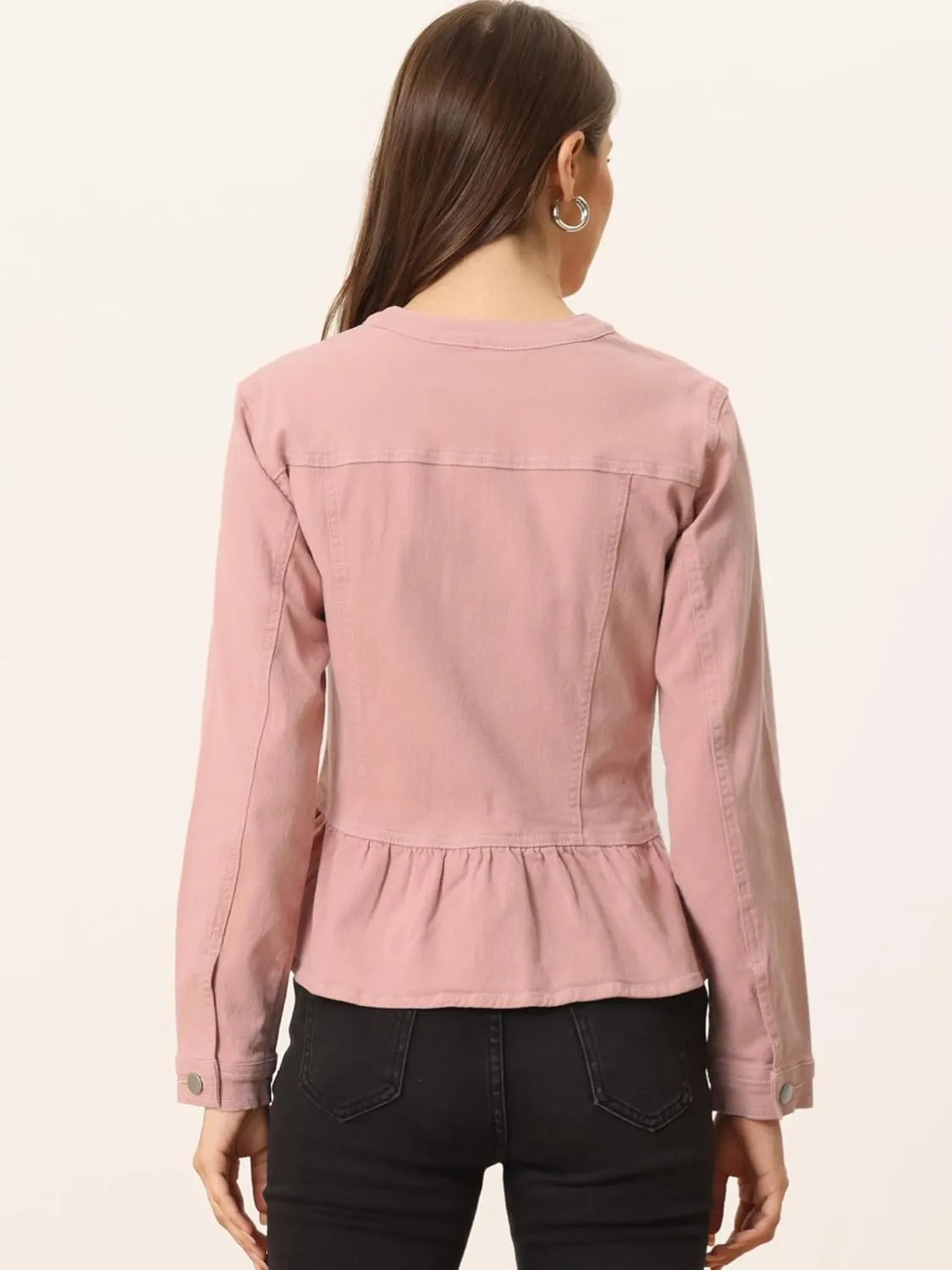 Allegra K Women's Peplum Denim Jackets Collarless Round Neck Button Down Cropped Ruffle Hem Jacket