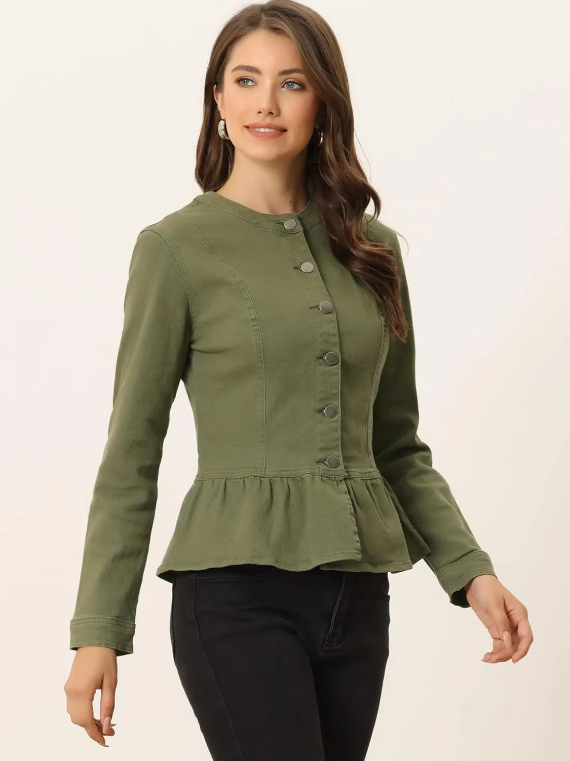 Allegra K Women's Peplum Denim Jackets Collarless Round Neck Button Down Cropped Ruffle Hem Jacket