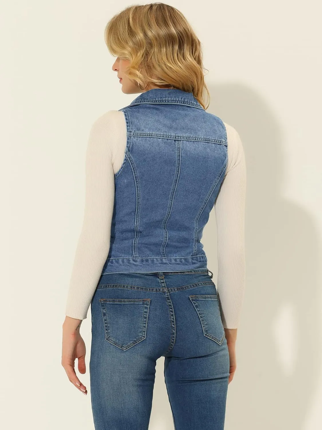 Allegra K Women's Sleeveless Moto Jacket Zip Up Classic Jeans Denim Vest