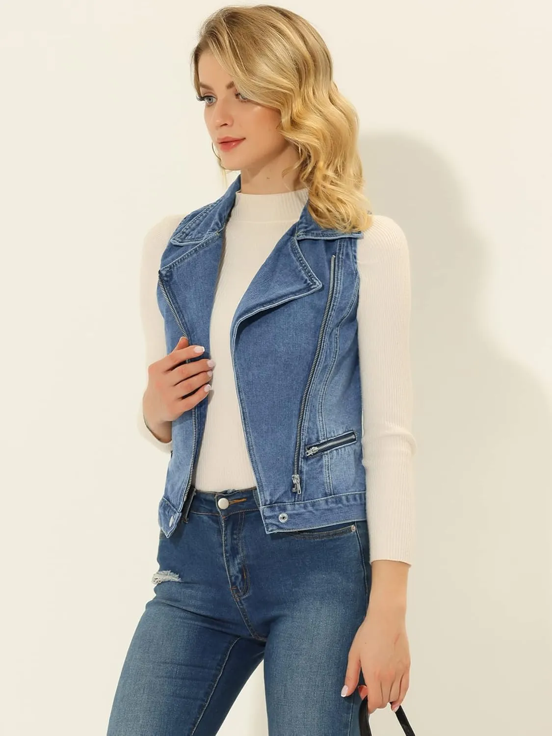 Allegra K Women's Sleeveless Moto Jacket Zip Up Classic Jeans Denim Vest