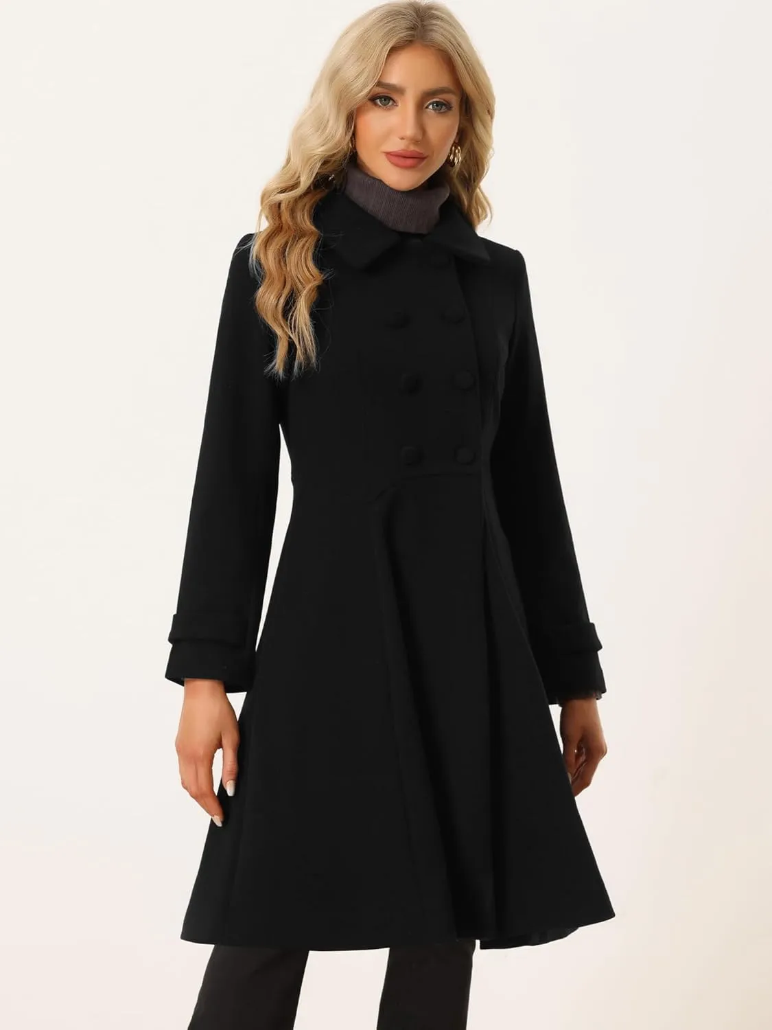 Allegra K Women's Winter Overcoat a Line Trench Coat Lapel Collar Swing Double Breasted Long Dress Coat