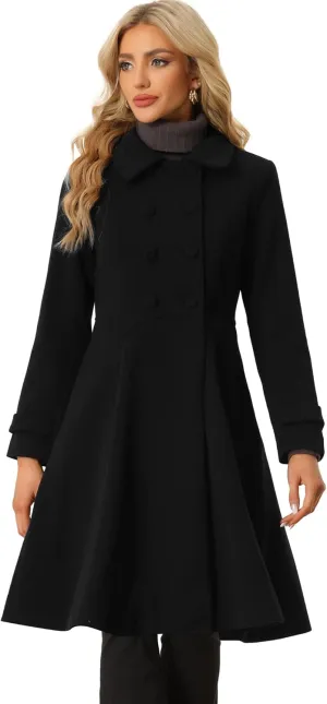 Allegra K Women's Winter Overcoat a Line Trench Coat Lapel Collar Swing Double Breasted Long Dress Coat