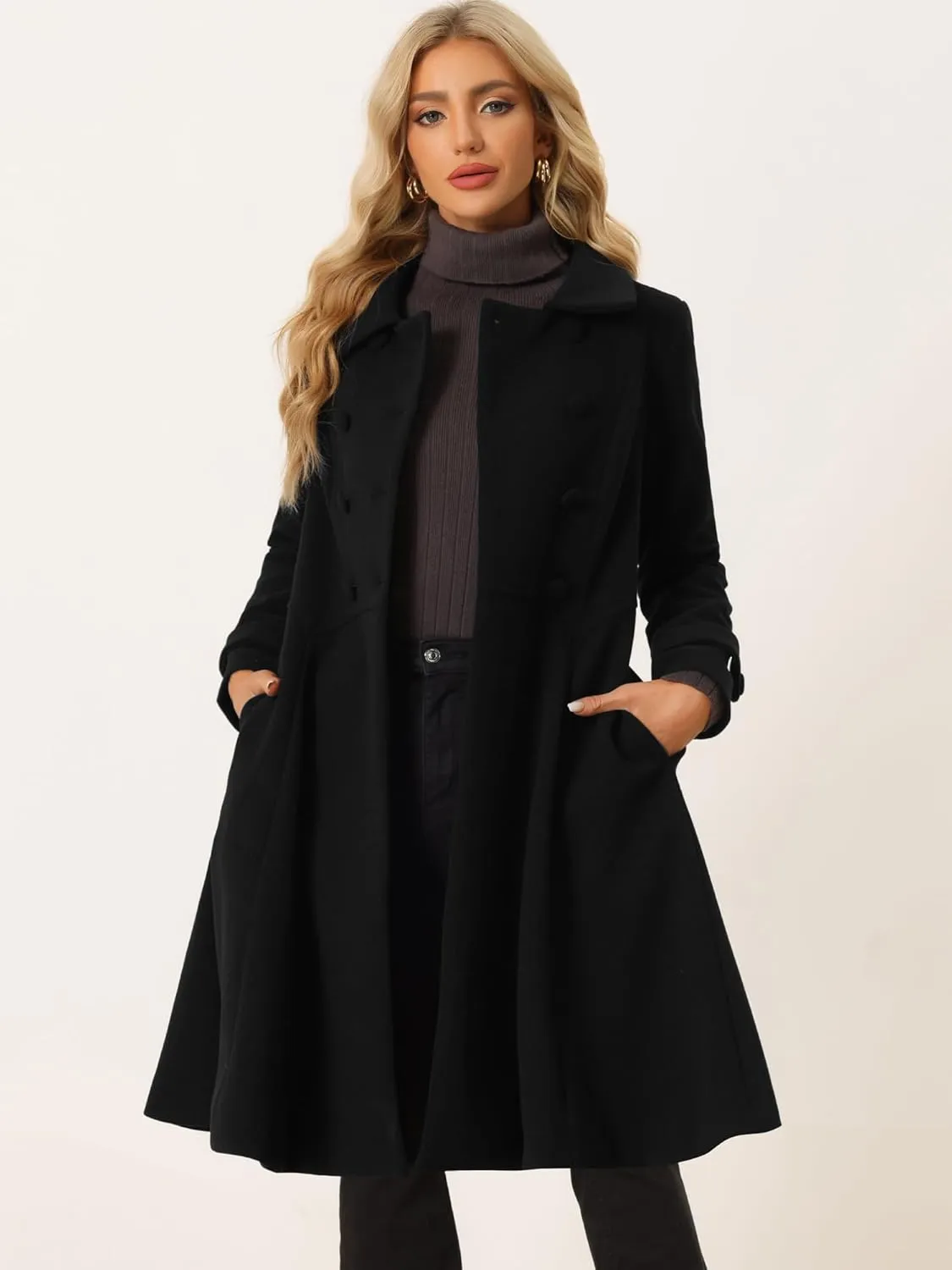 Allegra K Women's Winter Overcoat a Line Trench Coat Lapel Collar Swing Double Breasted Long Dress Coat