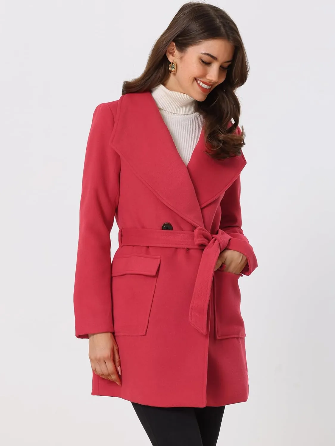 Allegra K Women's Winter Shawl Collar Long Sleeve Tie Belt Wrap Coats with Pockets