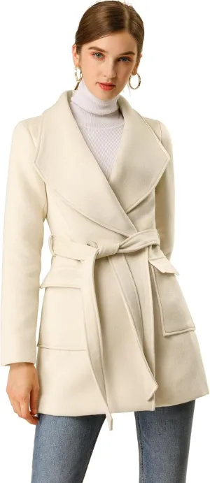 Allegra K Women's Winter Shawl Collar Long Sleeve Tie Belt Wrap Coats with Pockets