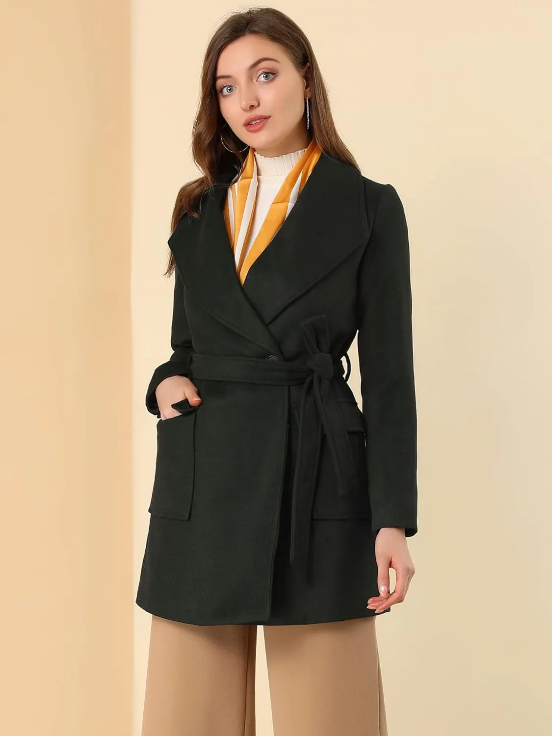 Allegra K Women's Winter Shawl Collar Long Sleeve Tie Belt Wrap Coats with Pockets