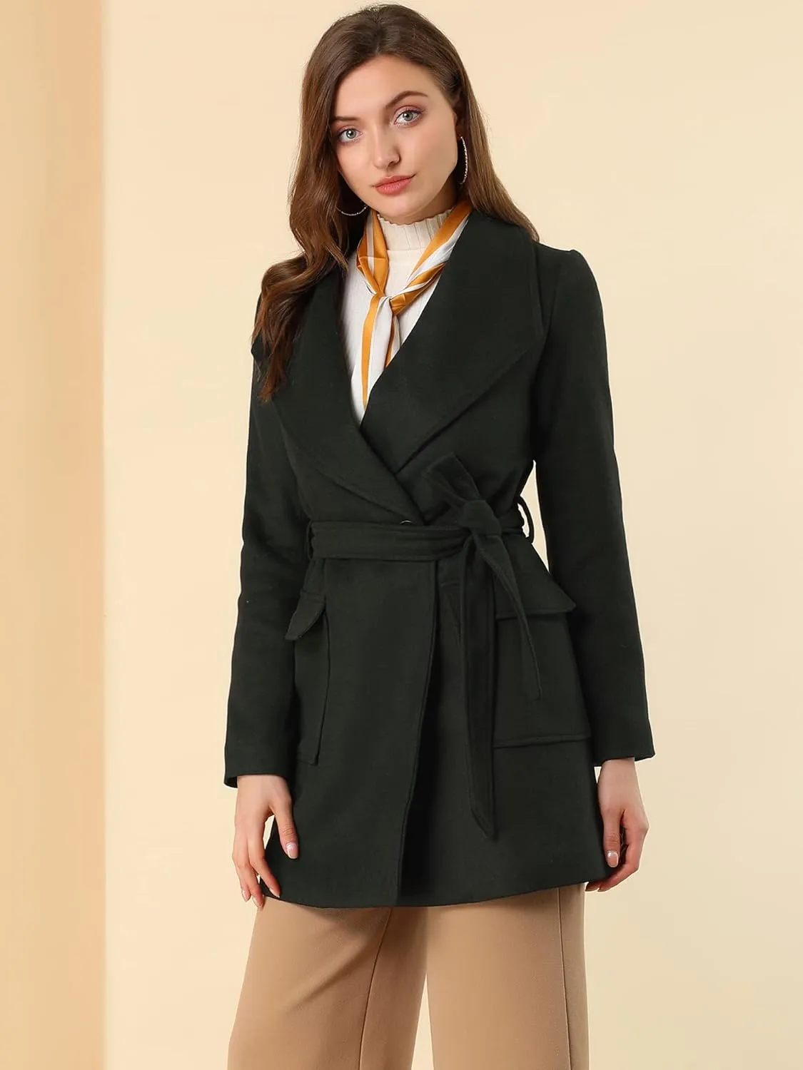 Allegra K Women's Winter Shawl Collar Long Sleeve Tie Belt Wrap Coats with Pockets