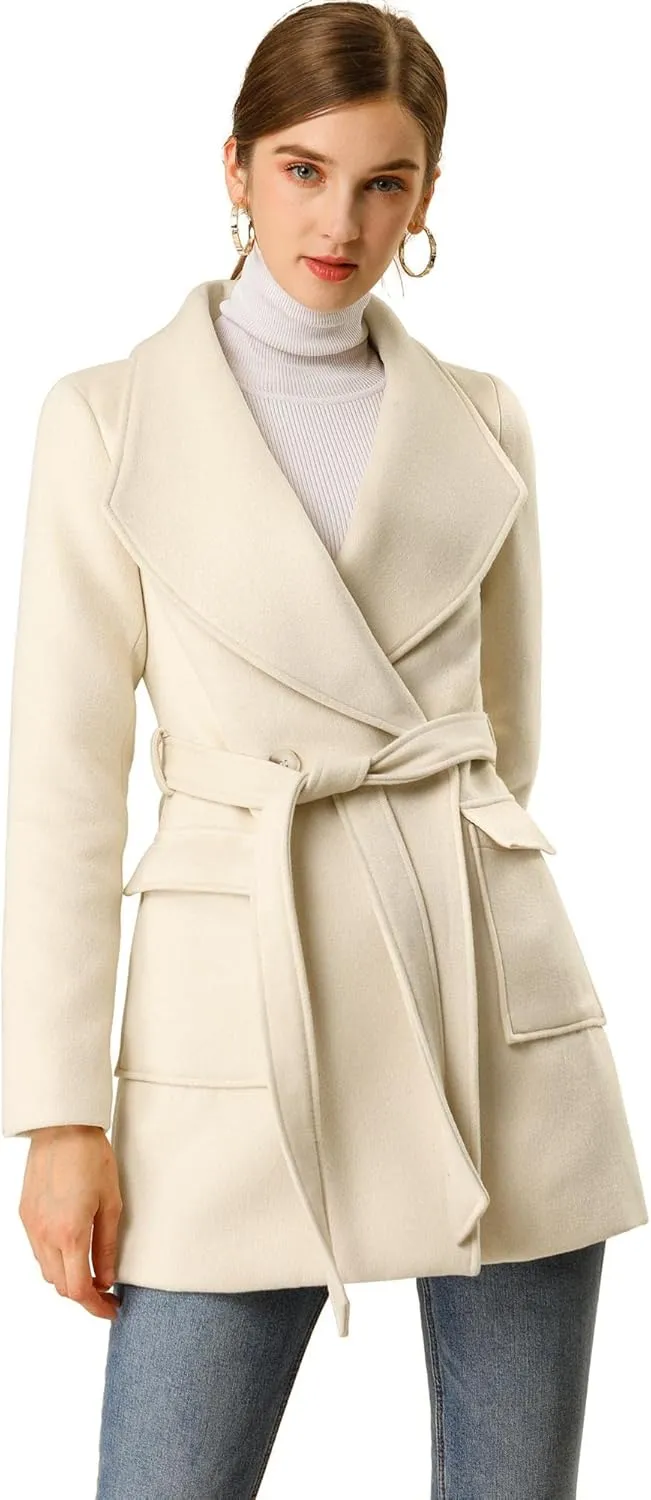 Allegra K Women's Winter Shawl Collar Long Sleeve Tie Belt Wrap Coats with Pockets