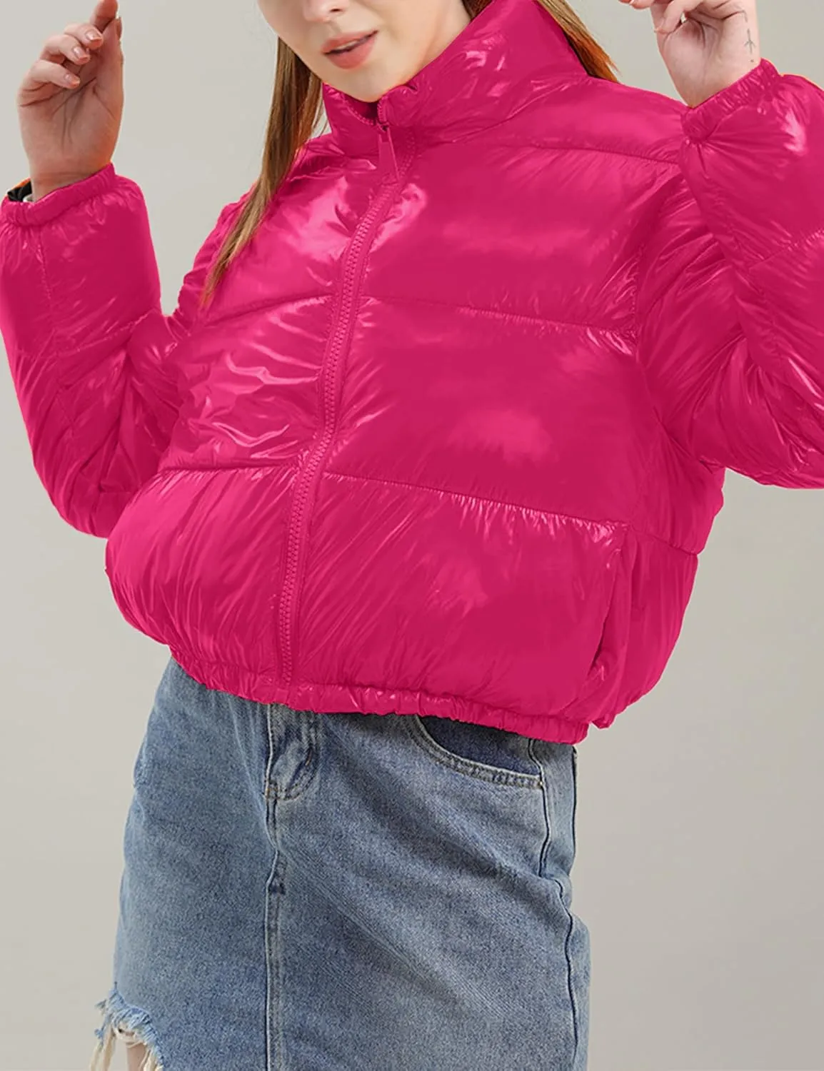 AMEBELLE Women Winter Warm Stand Collar Slim Fit Cropped Puffer Down Jacket Coats