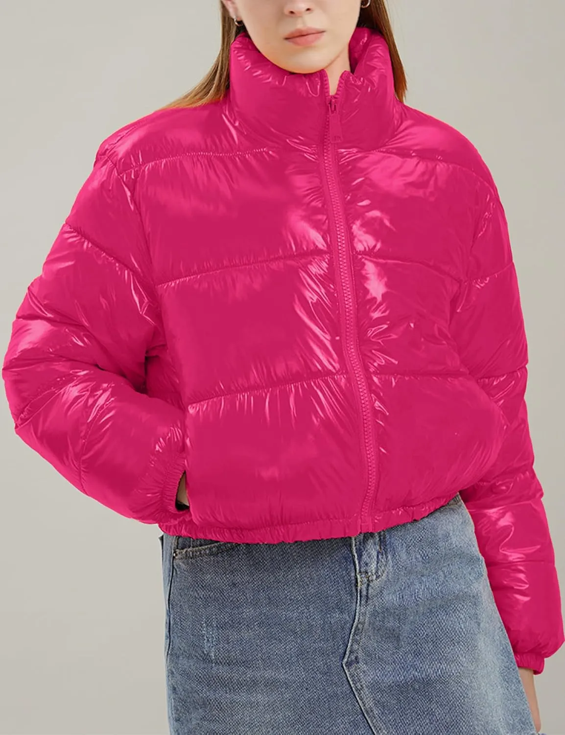 AMEBELLE Women Winter Warm Stand Collar Slim Fit Cropped Puffer Down Jacket Coats