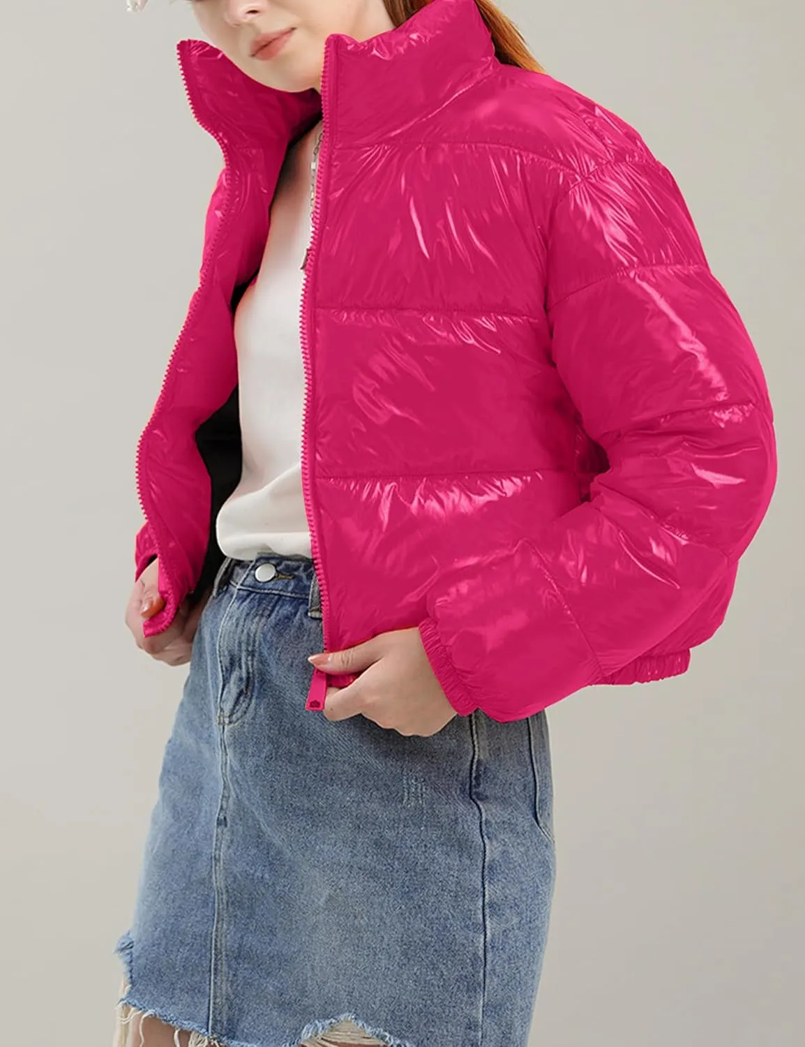 AMEBELLE Women Winter Warm Stand Collar Slim Fit Cropped Puffer Down Jacket Coats