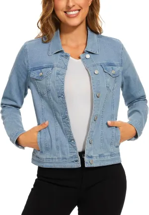 Anienaya Women's Stretch Denim Jacket Long Sleeve Basic Trendy Button Up Trucker Jean Jackets
