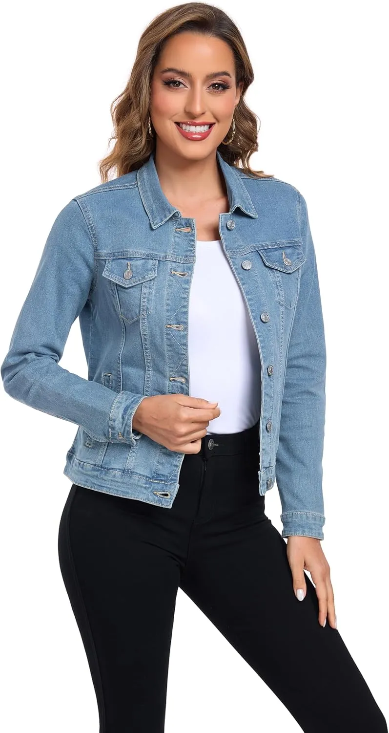 Anienaya Women's Stretch Denim Jacket Long Sleeve Basic Trendy Button Up Trucker Jean Jackets