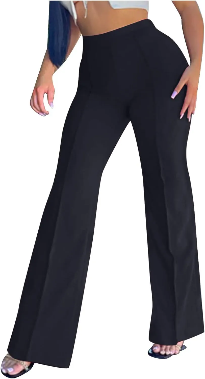 Anjikang Stretchy Flare Pants for Women High Elastic Waist Wide Leg Long Trousers Loose Trendy Casual Pants with Pockets