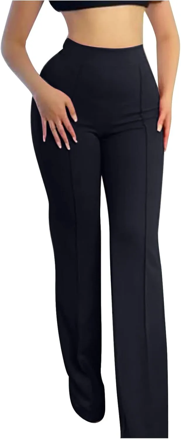 Anjikang Stretchy Flare Pants for Women High Elastic Waist Wide Leg Long Trousers Loose Trendy Casual Pants with Pockets
