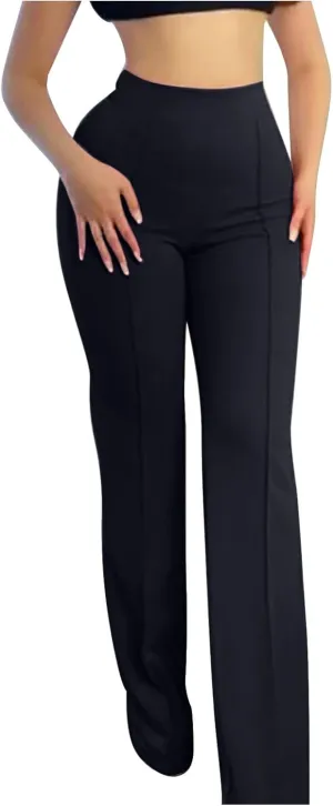 Anjikang Stretchy Flare Pants for Women High Elastic Waist Wide Leg Long Trousers Loose Trendy Casual Pants with Pockets