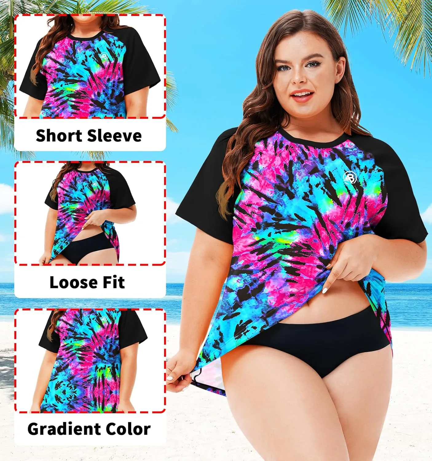 AOBUTE Women Plus Size Rash Guard Short Sleeve SPF Swim Shirts