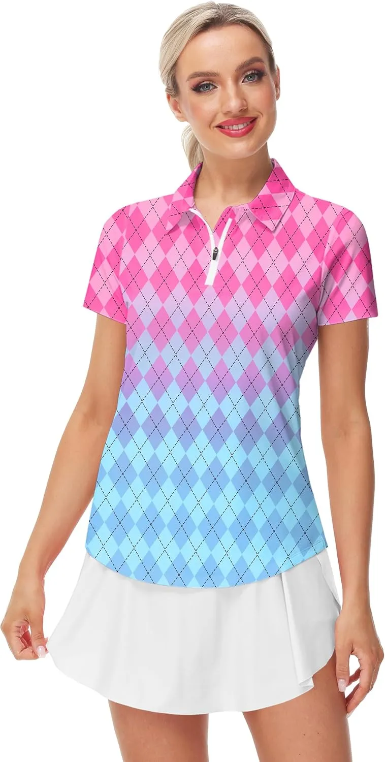 AOBUTE Women's Short Sleeve Golf Shirts Gradient 1/4 Zip Tennis Shirt