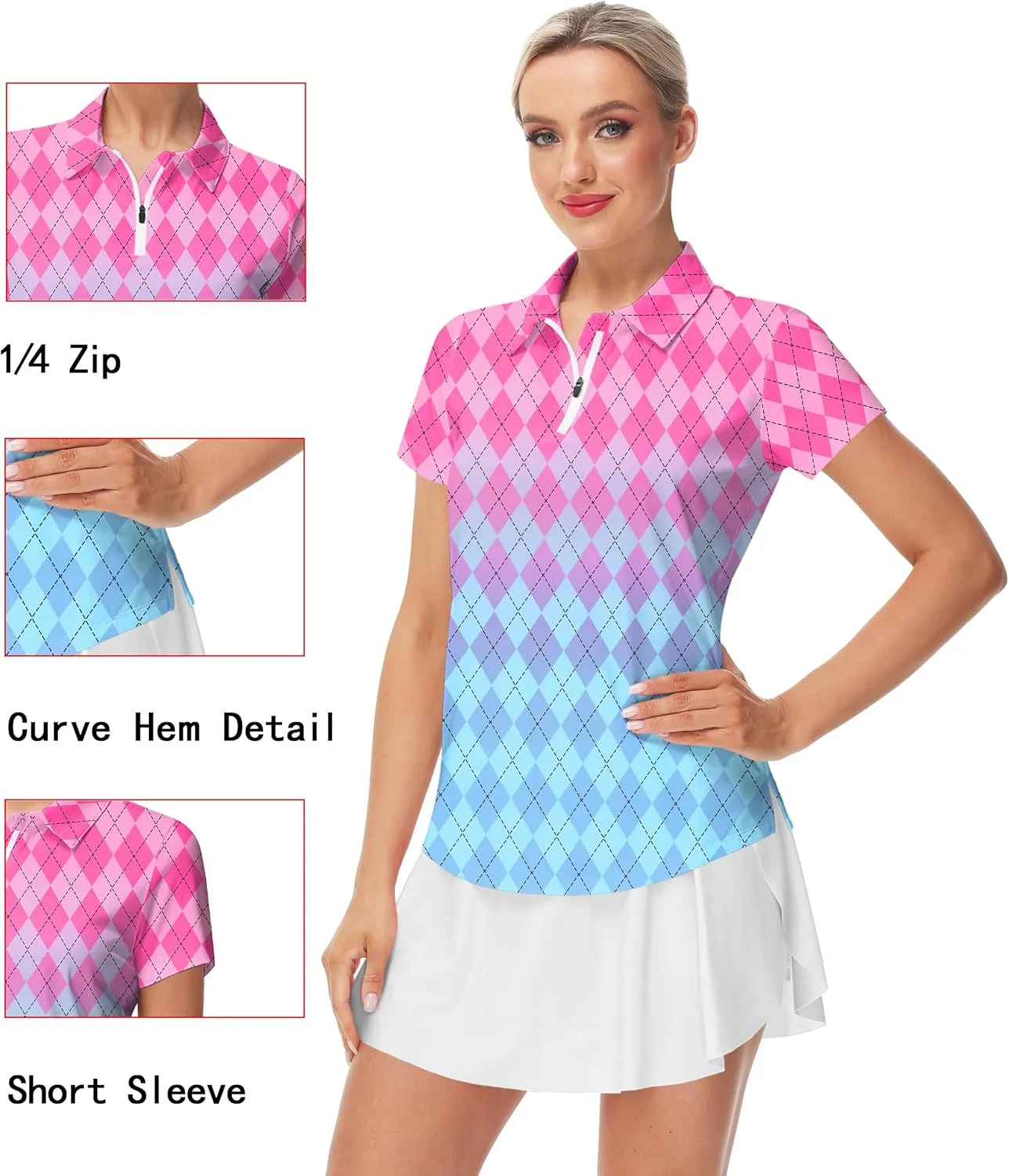 AOBUTE Women's Short Sleeve Golf Shirts Gradient 1/4 Zip Tennis Shirt