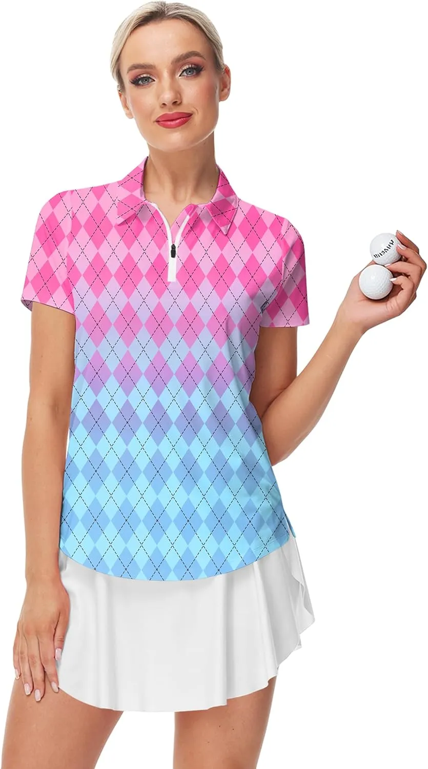 AOBUTE Women's Short Sleeve Golf Shirts Gradient 1/4 Zip Tennis Shirt