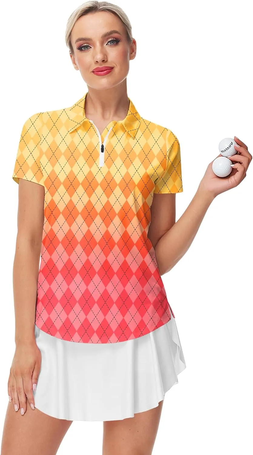 AOBUTE Women's Short Sleeve Golf Shirts Gradient 1/4 Zip Tennis Shirt