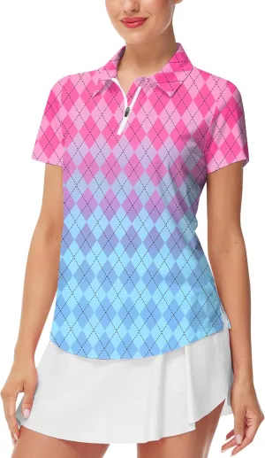 AOBUTE Women's Short Sleeve Golf Shirts Gradient 1/4 Zip Tennis Shirt