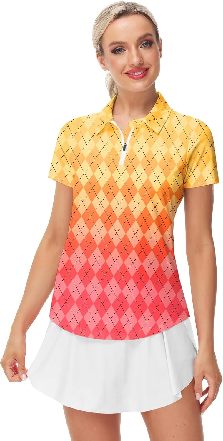 AOBUTE Women's Short Sleeve Golf Shirts Gradient 1/4 Zip Tennis Shirt