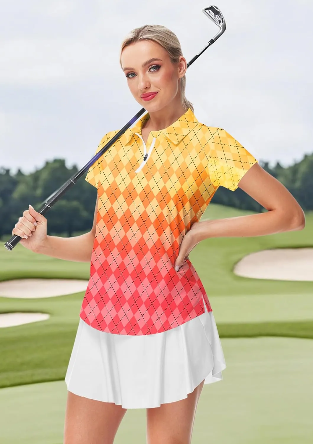 AOBUTE Women's Short Sleeve Golf Shirts Gradient 1/4 Zip Tennis Shirt