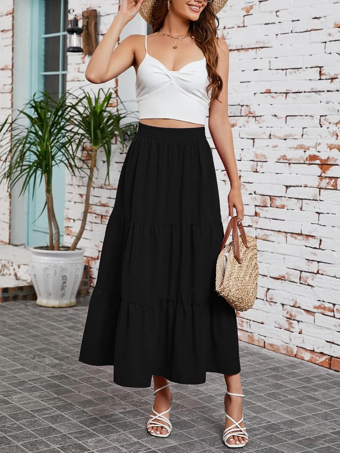 Arolina Maxi Skirt for Women Summer Boho Elastic High Waist Pleated A-Line Flowy Ruffle Swing Tiered Long Beach Skirt Dress