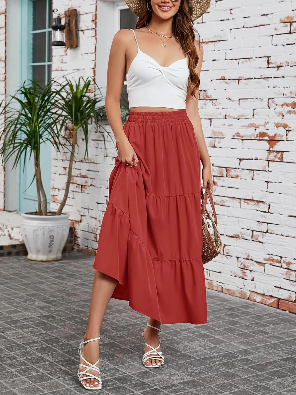 Arolina Maxi Skirt for Women Summer Boho Elastic High Waist Pleated A-Line Flowy Ruffle Swing Tiered Long Beach Skirt Dress