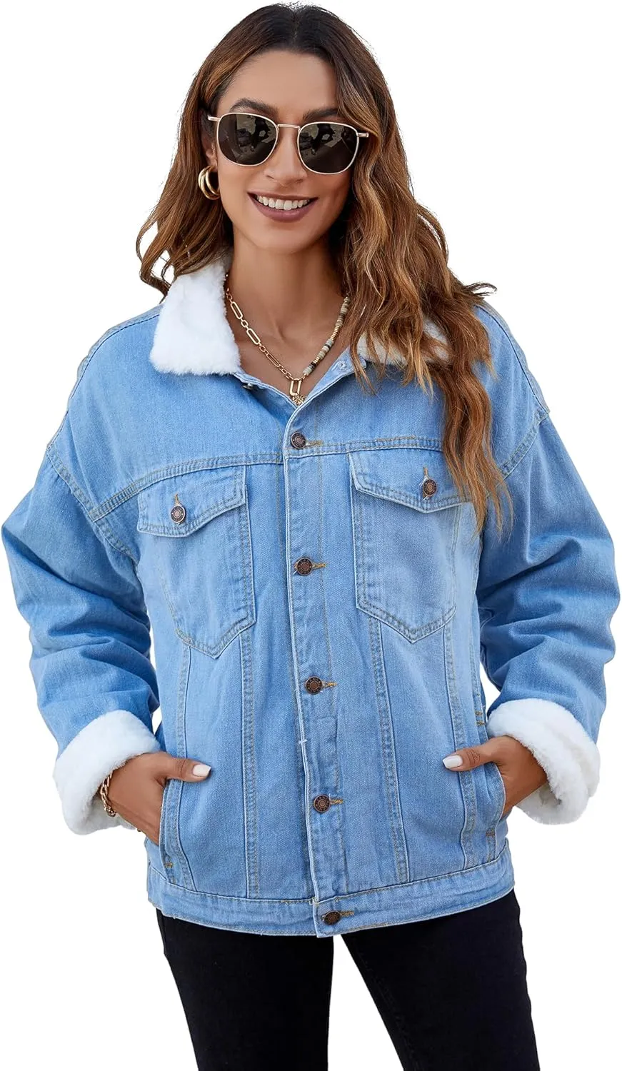 Atnlewhi Women's Retro Sherpa Lined Warm Denim Jean Jacket Thicker Jacket Coats with Pockets