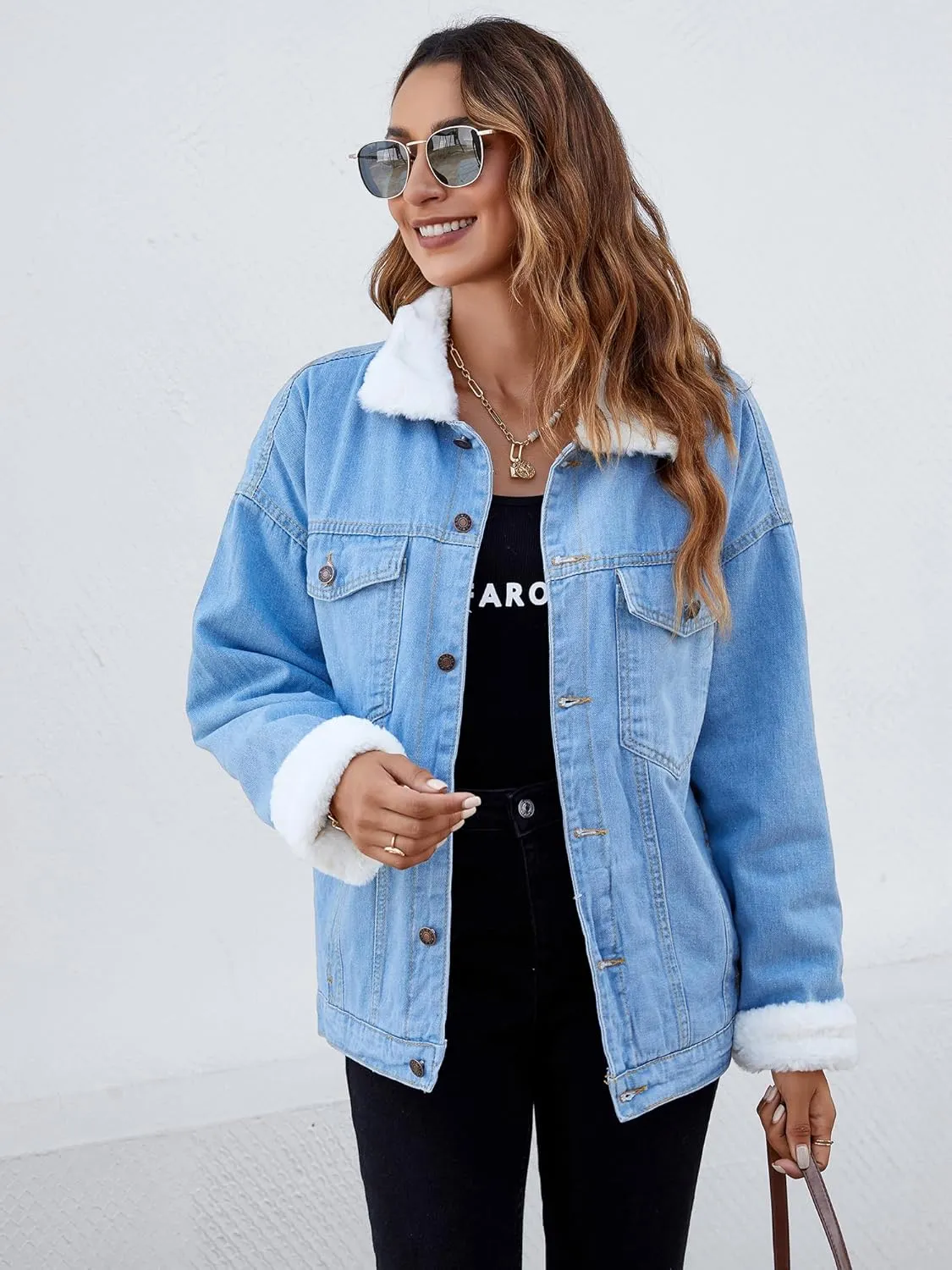 Atnlewhi Women's Retro Sherpa Lined Warm Denim Jean Jacket Thicker Jacket Coats with Pockets