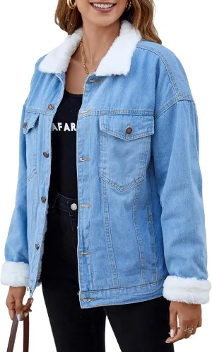 Atnlewhi Women's Retro Sherpa Lined Warm Denim Jean Jacket Thicker Jacket Coats with Pockets