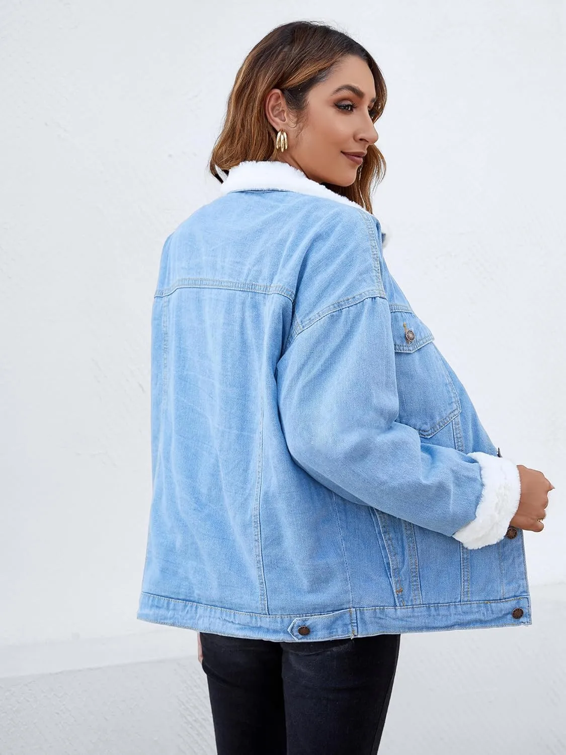 Atnlewhi Women's Retro Sherpa Lined Warm Denim Jean Jacket Thicker Jacket Coats with Pockets