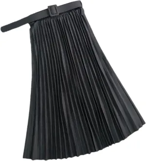 Autumn Winter Women Pleated Skirt Casual Solid All-Match A Line High Waist Midi Long Skirt Female with Belt