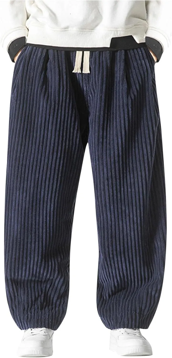 Aymnlox Men's Casual Pants Corduroy Straight Fit Baggy Pants Drawstring Stretch Waist Jogger Hiking Trousers with Pockets