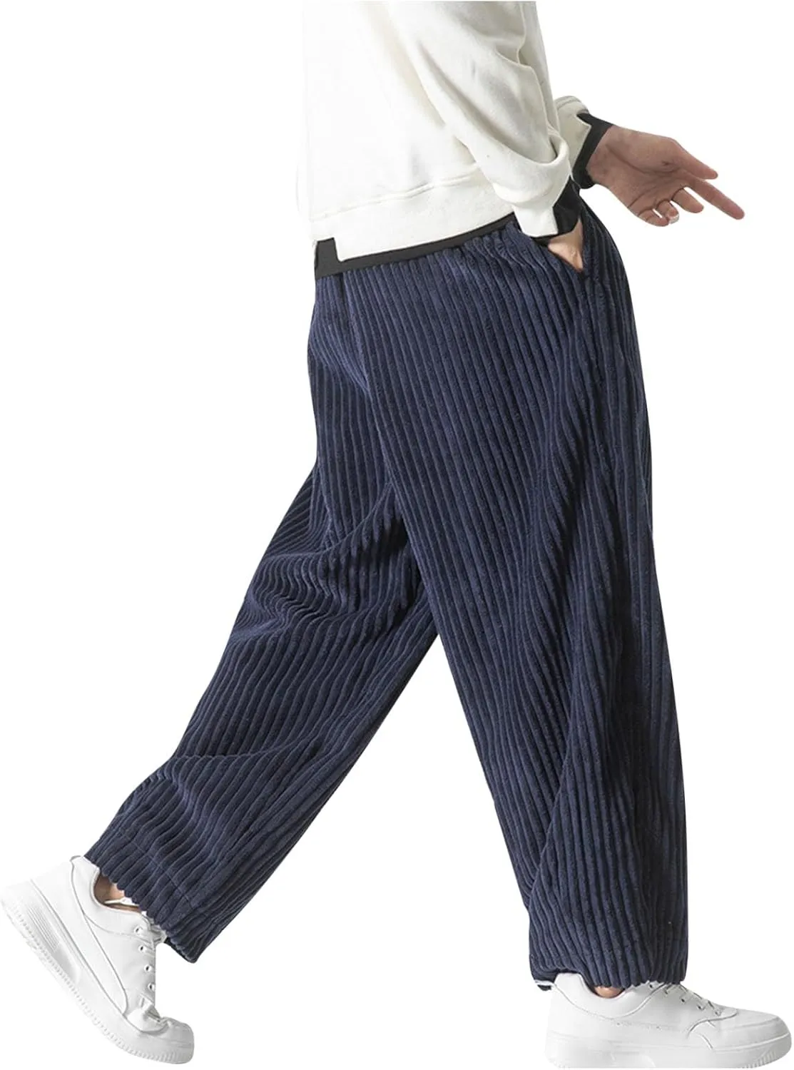 Aymnlox Men's Casual Pants Corduroy Straight Fit Baggy Pants Drawstring Stretch Waist Jogger Hiking Trousers with Pockets