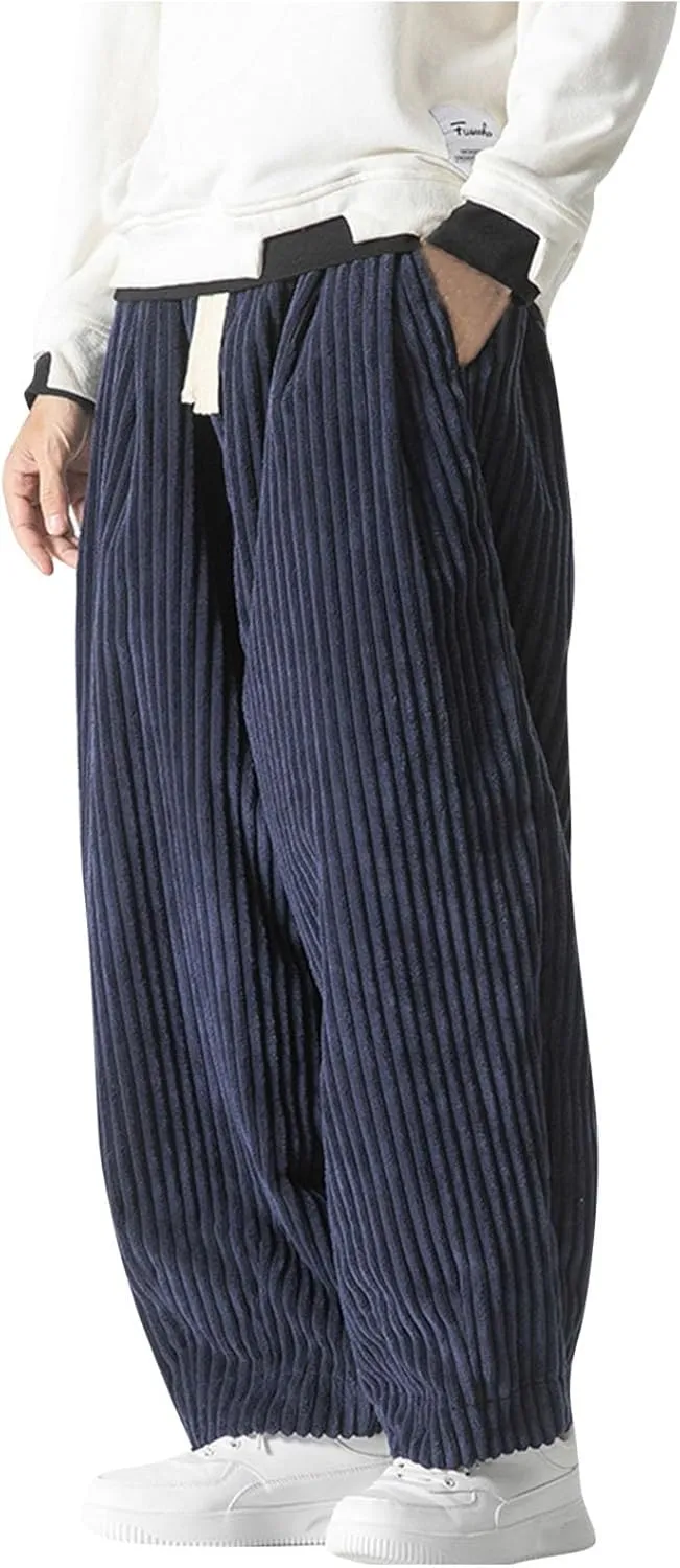 Aymnlox Men's Casual Pants Corduroy Straight Fit Baggy Pants Drawstring Stretch Waist Jogger Hiking Trousers with Pockets