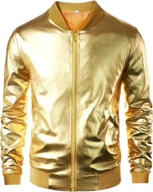 babyhealthy Men's Gold Varsity Jacket Metallic Jacket 70's Disco Bomber Jackets Christmas Party