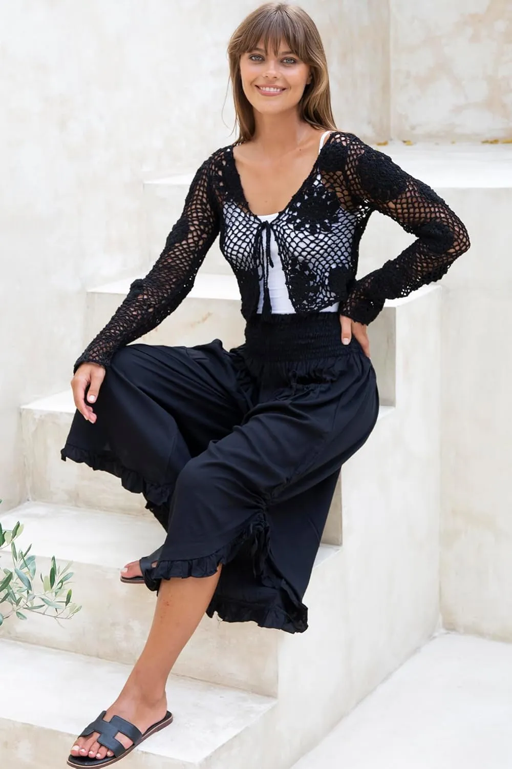 Back From Bali Womens 100% Cotton Crochet Tie-Front Artisan Shrug Sweater Cropped Lightweight Flower Knit Bolero