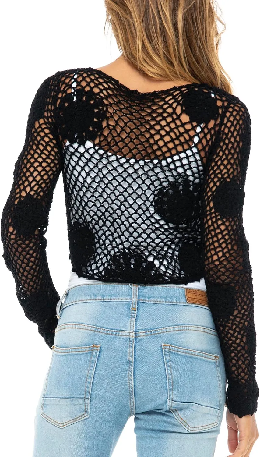 Back From Bali Womens 100% Cotton Crochet Tie-Front Artisan Shrug Sweater Cropped Lightweight Flower Knit Bolero